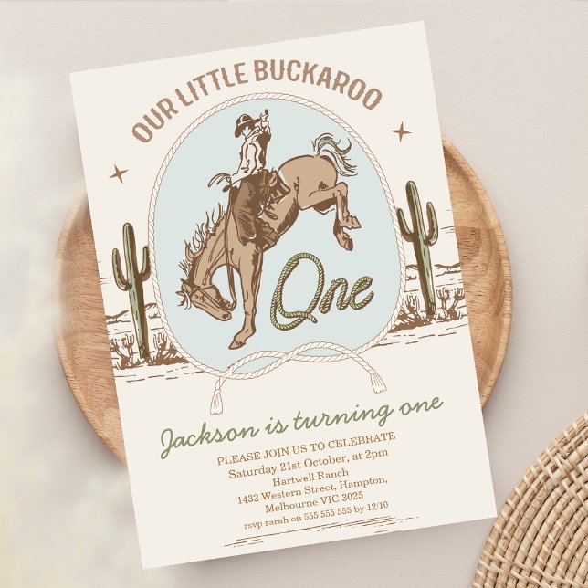 Vintag Blue Little Buckaroo Western 1. Geburtstag Einladung (Little Buckaroo 1st Birthday Invitation Boy, Desert Horse Wild West Rope text Cowboy 1st Birthday)