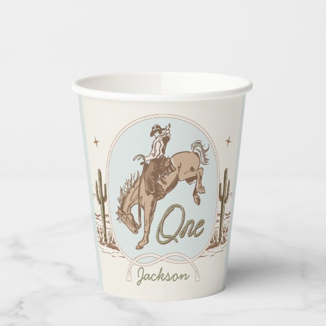 Vintag Blue Little Buckaroo Western 1. Geburtstag Pappbecher (Links)