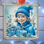 Vintag Blue Little Girl Weihnachten Personalisiert Ornament Aus Metall<br><div class="desc">Hübsches kleines Vintages Mädchen im Winter,  das eine blaue Geschenkboxen Retro nostalgischen Stil Weihnachtsschmuck für diejenigen,  die wie ein altmodisches Weihnachtsfest hält.</div>