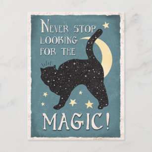 Vintag Blue Magic Black Cat Stars Moon Postkarte