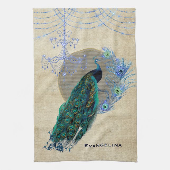 Vintag Blue Peacock Feathers Chandelier  Geschirrtuch (Vertikal)
