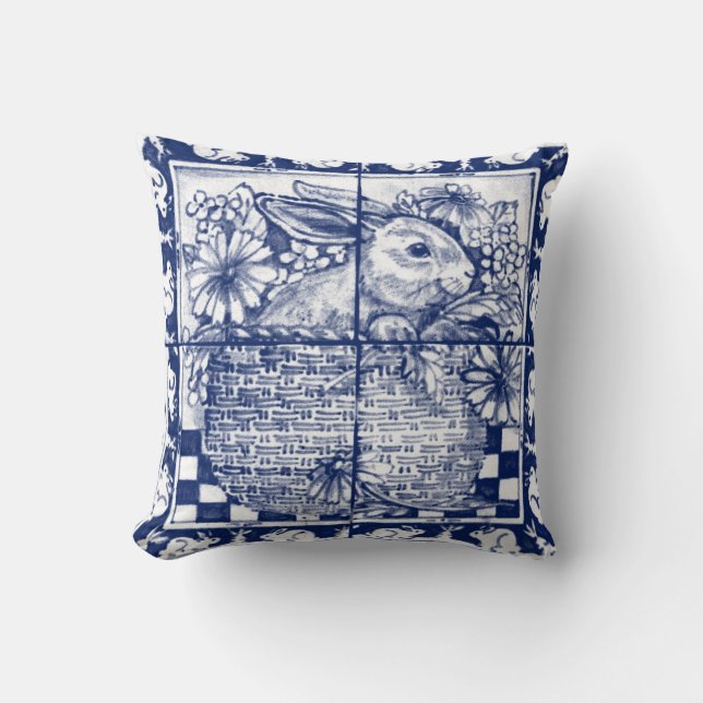 Vintag Blue Rabbit Floral Dedham Delft Hütte  Kissen (Vorderseite)