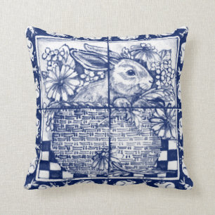 Vintag Blue Rabbit Floral Dedham Delft Hütte  Kissen