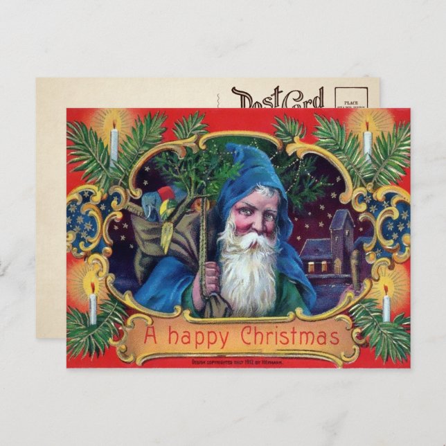 Vintag Blue Robed Santa Postcard Postkarte (Vorne/Hinten)