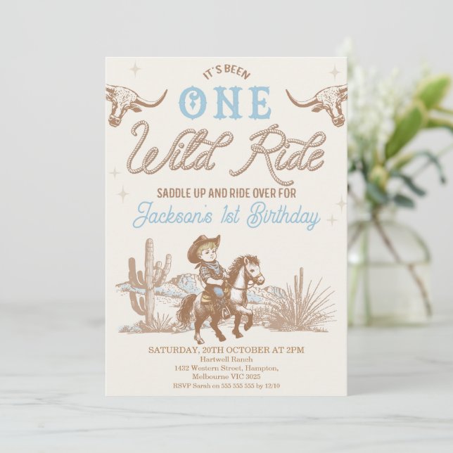 Vintag Blue Rodeo Boys Wild 1. Geburtstag Einladung (Stehend Vorderseite)