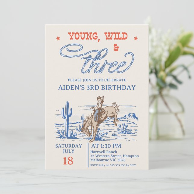 Vintag Blue Rodeo Young Wild 3. Geburtstag Einladung (Stehend Vorderseite)