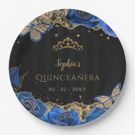 Vintag Blue Rose Black Gold Lace Quinceañera Pappteller