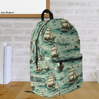 Vintag Blue Rough Sails Schiff Blue Watercolor Bedruckter Rucksack