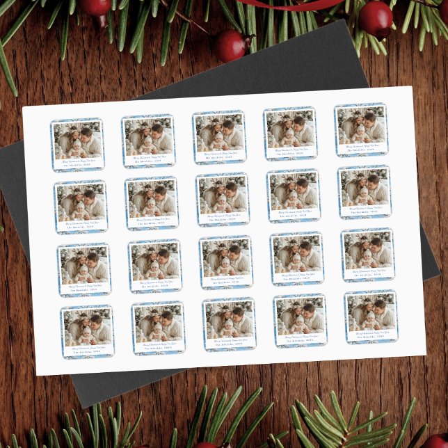 Vintag Blue Snowflakes Weihnachten Quadratischer Aufkleber (Set of 20 Blue Christmas Snowflake Stickers)