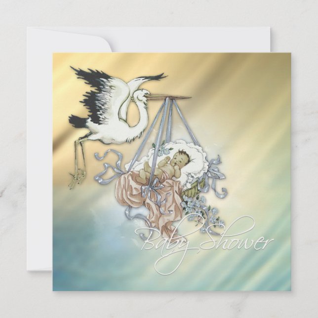 Vintag Blue Stork Baby Dusche Einladung (Vorderseite)