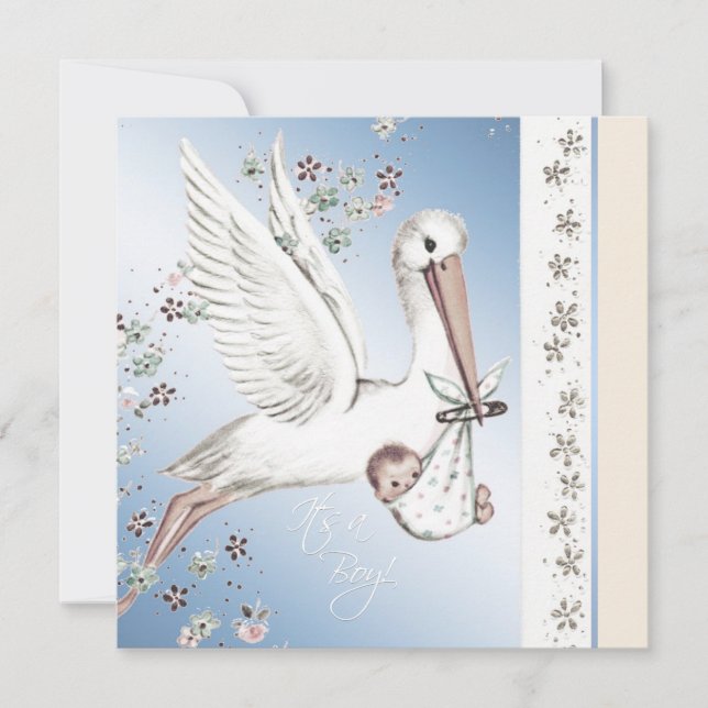 Vintag Blue Stork Baby Shower Einladungen (Vorderseite)