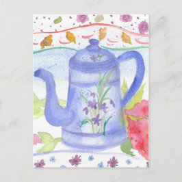 Vintag Blue Tee Kaffeepflanze Aquarellfarben Blume Postkarte