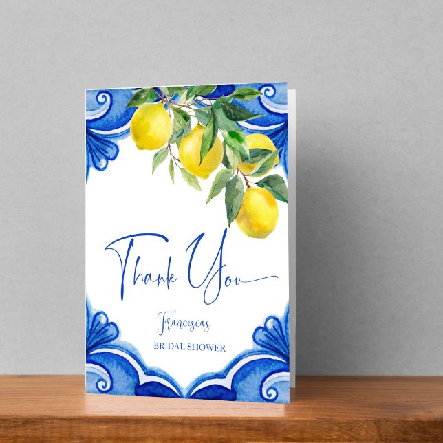 Vintag Blue tiles lemons italienisches Brautparty Dankeskarte (Vintage Italian Blue maiolica tiles lemons Mediterranean bridal shower Thank You Card)