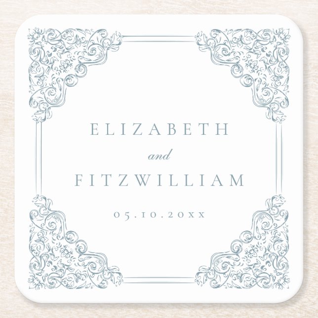 Vintag-Blue-Verziert-Frame-Hochzeit Rechteckiger Pappuntersetzer (Vorderseite)
