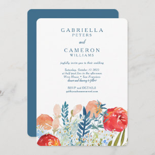 Vintag Blue Watercolor Floral Boho Wedding RSVP Einladung