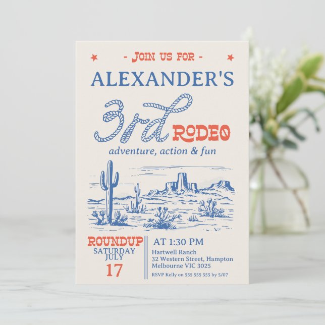 Vintag Blue Western Desert Rodeo 3. Geburtstag Einladung (Stehend Vorderseite)