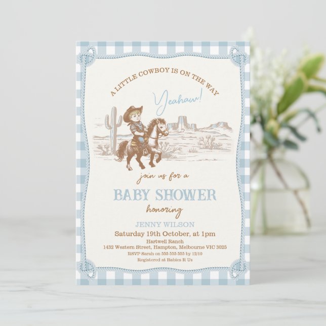 Vintag Blue Western Little Cowboy Baby Dusche Einladung (Stehend Vorderseite)