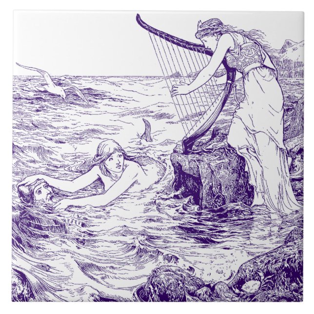 Vintag Blue & White Celtic Harp & Mermaid Fliese (Vorderseite)
