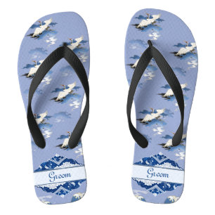 Vintag Blue White Chinoiserie Crane Hochzeitsgroom Flip Flops
