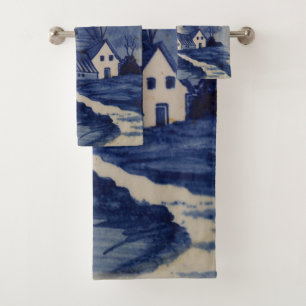 Vintag Blue White Delft Windmill Badhandtuch Set