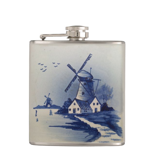 Vintag Blue White Delft Windmill Flachmann (Vorderseite)
