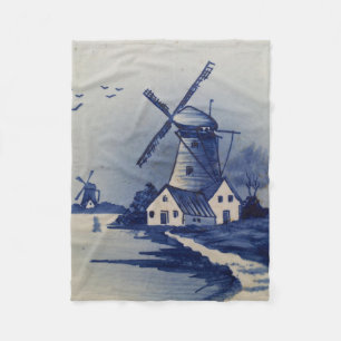Vintag Blue White Delft Windmill Fleecedecke