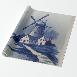 Vintag Blue White Delft Windmill Geschenkpapier