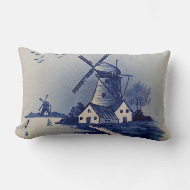 Vintag Blue White Delft Windmill Lendenkissen (Vorderseite)