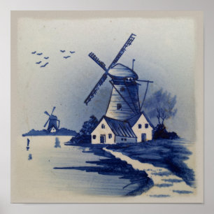 Vintag Blue White Delft Windmill Poster