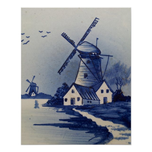 Vintag Blue White Delft Windmill Poster (Vorderseite)