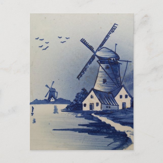Vintag Blue White Delft Windmill Postkarte (Vorderseite)