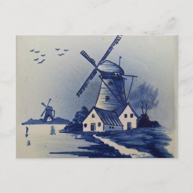 Vintag Blue White Delft Windmill Postkarte (Vorderseite)
