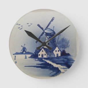 Vintag Blue White Delft Windmill Runde Wanduhr