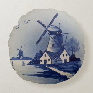 Vintag Blue White Delft Windmill Rundes Kissen