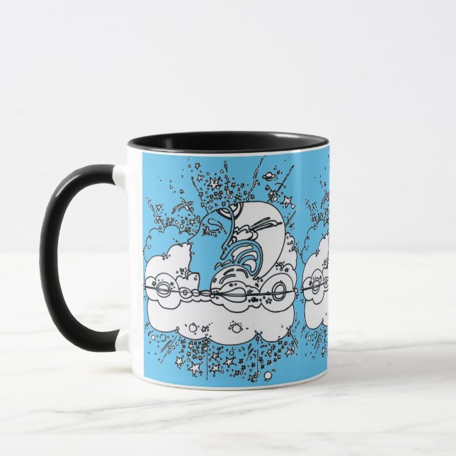 Vintag Blue & White Illustration 60er Poster Tasse (Links)