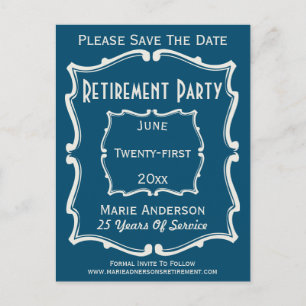 Vintag Blue White Save the Date Retirement Party Ankündigungspostkarte