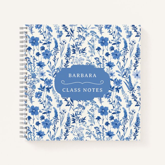Vintag Blue Wildblumen Personalisiert Notizbuch (Vorderseite)