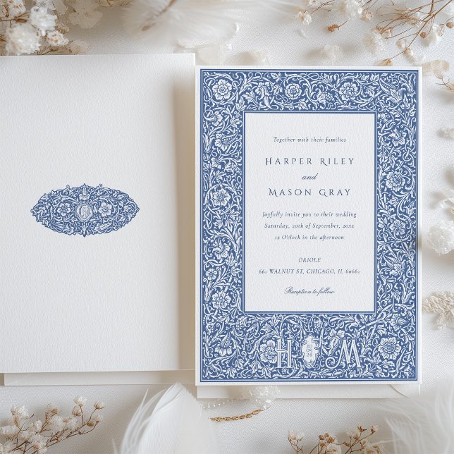 Vintag Blue William Morris Style Wedding Einladung (Von Creator hochgeladen)