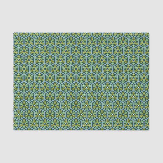 Vintag Blue Yellow Green Ottoman Türkischer Hexago Seidenpapier (Vorderseite)