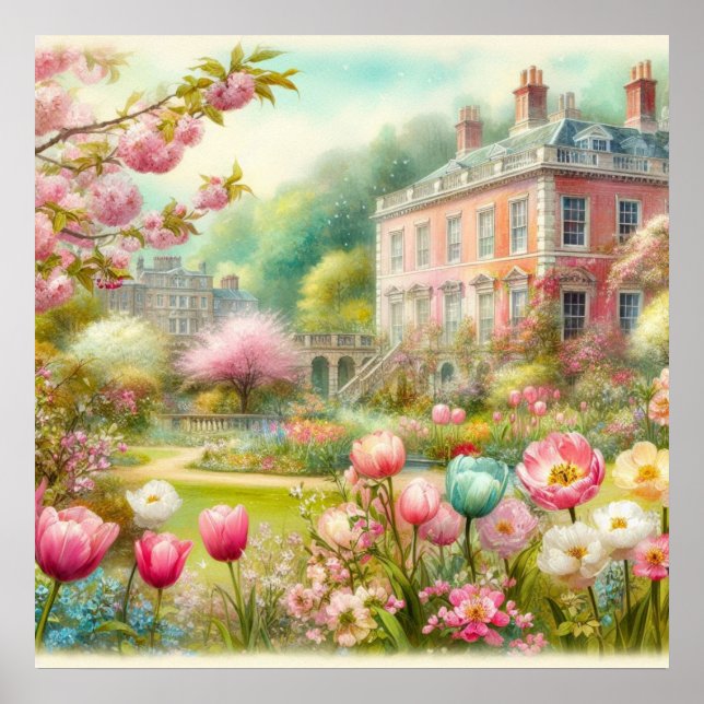 Vintag blühende Blumengarten Villa Aquarell Poster (Vorne)