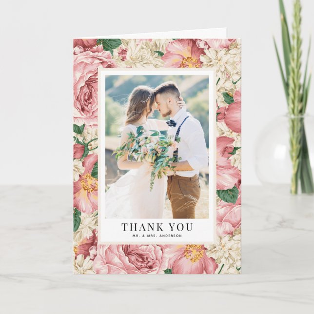 Vintag Blush and Ivory Blume Hochzeit Foto Dankeskarte (Vorderseite)