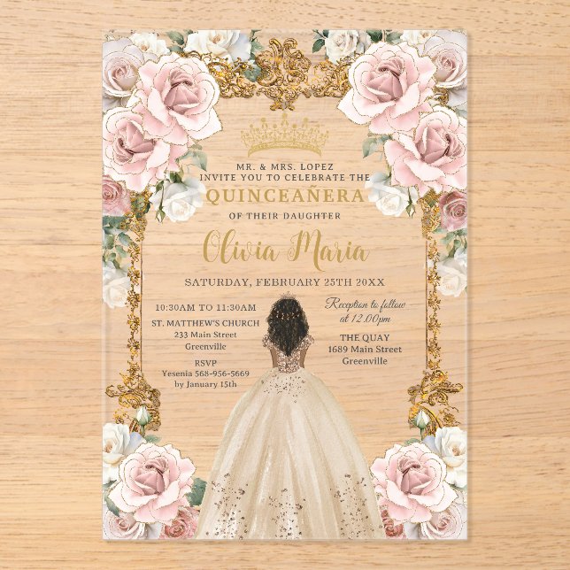 Vintag Blush Champagne Blumenkleid Quinceanera Acryleinladungen (Vorderseite)
