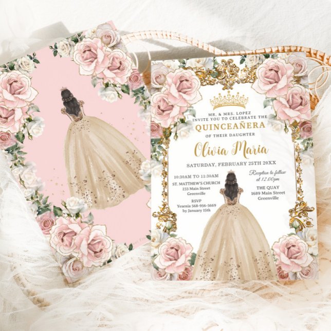Vintag Blush Champagne Blumenkleid Quinceanera Einladung (Von Creator hochgeladen)