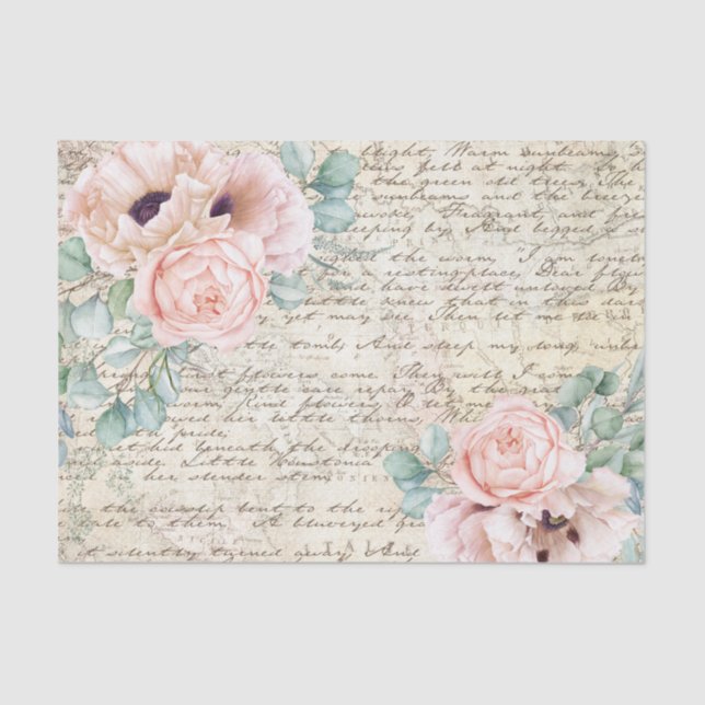 Vintag Blush Floral Rose Alte Buchstabentreue Seidenpapier (Vorderseite)