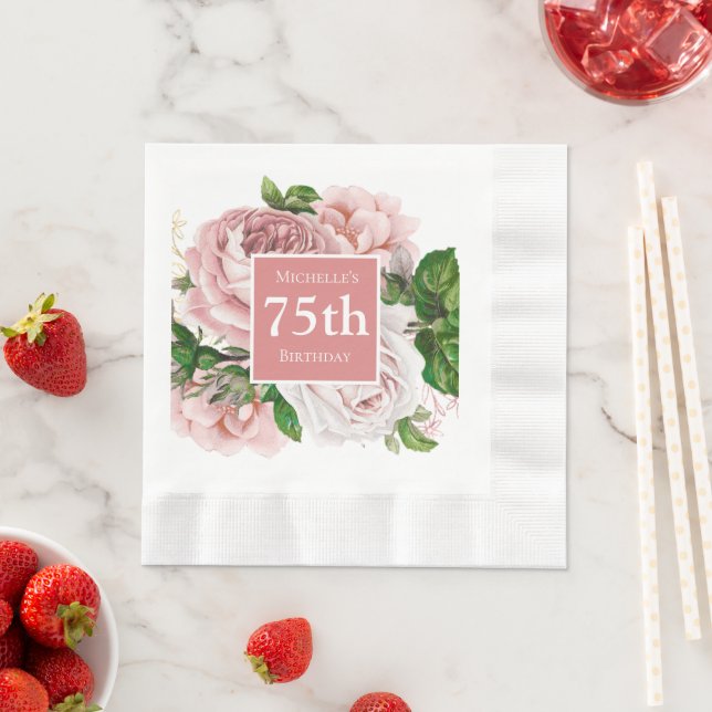 Vintag Blush Pink Blume Grüne 75. Geburtstag Serviette (Beispiel)