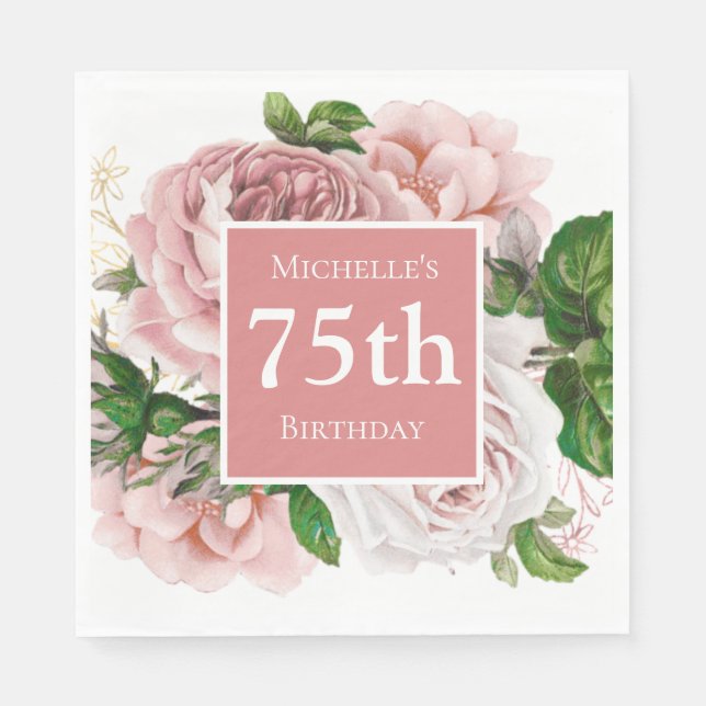 Vintag Blush Pink Blumengrün 75. Geburtstag Serviette (Vorderseite)