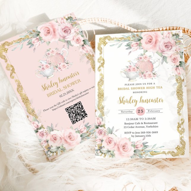 Vintag Blush Pink Blumenkohl Tee Party Brautparty Einladung (blush pink floral vintage gold bridal shower high tea party invitation cards with QR code registry)