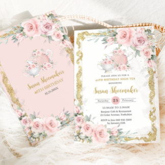 Vintag Blush Pink Blumenkohl Tee Party Geburtstags Einladung