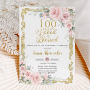 Vintag Blush Pink Floral 100. Geburtstag Liebe Einladung