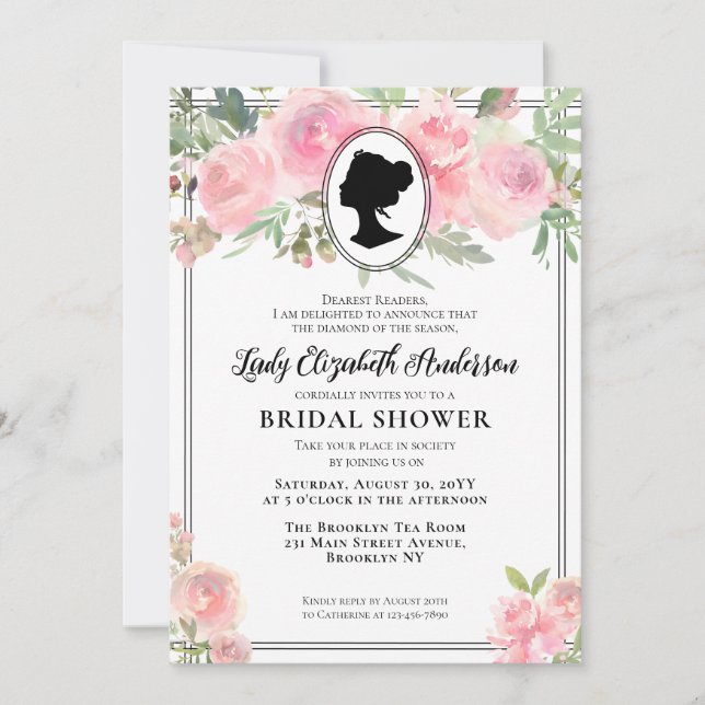 Vintag Blush Pink Floral Bridgerton Brautparty Einladung (Vorderseite)